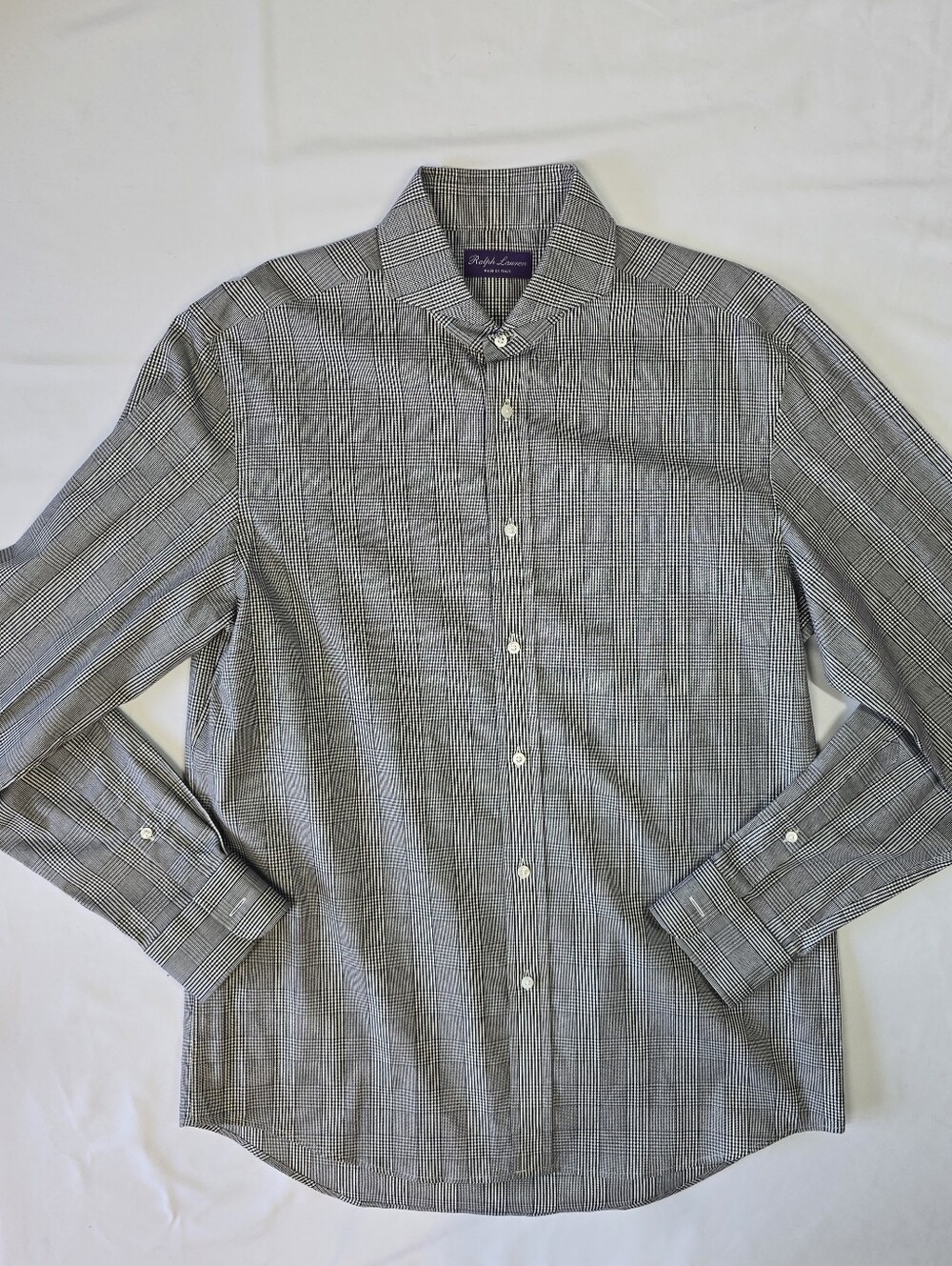 Ralph Lauren Purple Label Black White Glen Plaid Dress Shirt Made in Italy Men's
